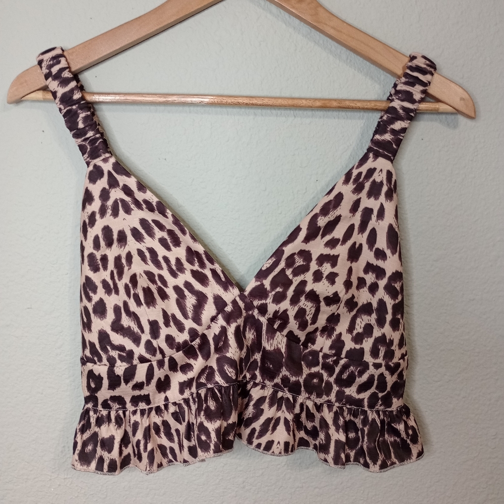 Kittenish leopard print plunge peplum tank top Summer Festival Coastal